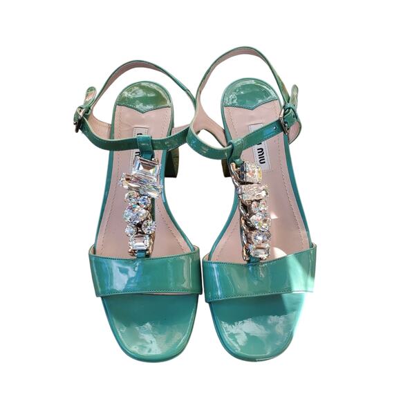 Miu Miu Green Patent Leather Crystal Platform Ankle Strap Sandals - Size 35 - Picture 6 of 9